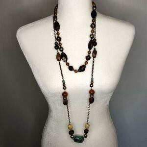 Lot of 2 Brown, Orange and Red Beaded Necklaces